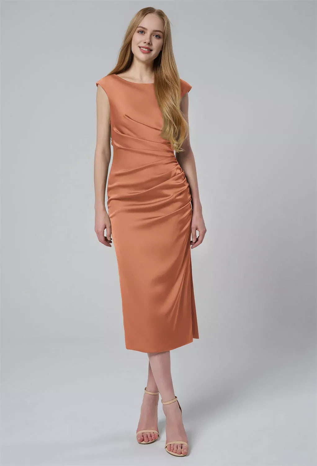 Column Bateau Neckline Tea Length Cap Sleeves Pleat Prom Dresses Elegant Satin Prom Dresses for Ladies